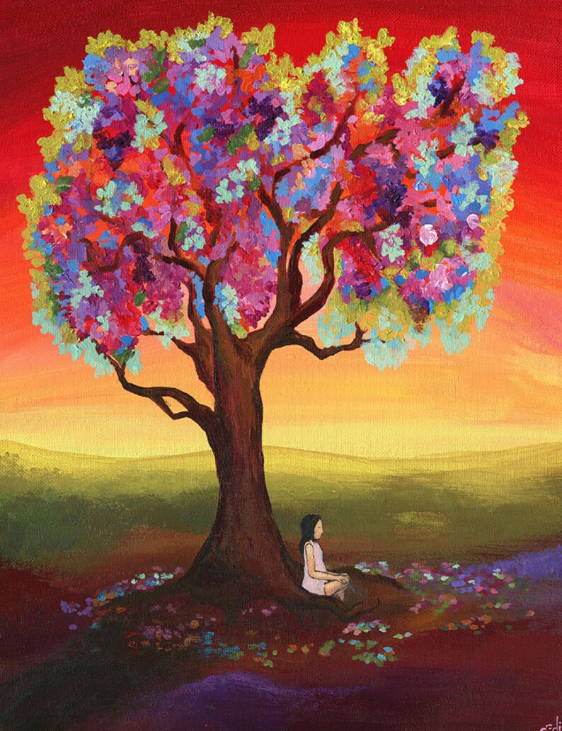 Mystical Fine Art Print Folk Artist Colorful Spiritual Wall Decor Feminine Energy Tree Art For Women image 1