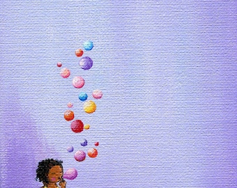 Art print of Little girl Blowing Bubbles, cute art for girls, black girl magic, purple wall art, girls room art