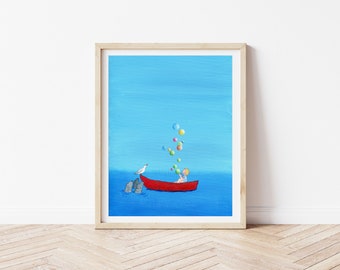 Ocean Themed Nursery Art Print Nautical Blue Wall Art Little Boys Room Wall Decor Seals Seagulls Whimsical Painting For New Baby