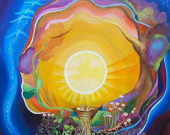 Impression d'art mystique cosmique pour femme spirituelle artiste folk psychédélique peinture art médecine végétale