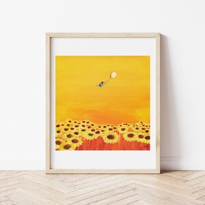Art print of little girl flying over a field of Sunflowers, girls room art, nursery art, birthday gift girl, sunflower art, gift for new mom image 2