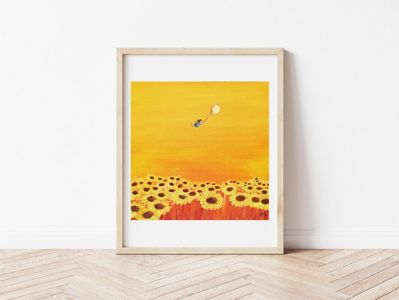 Art print of little girl flying over a field of Sunflowers, girls room art, nursery art, birthday gift girl, sunflower art, gift for new mom image 2