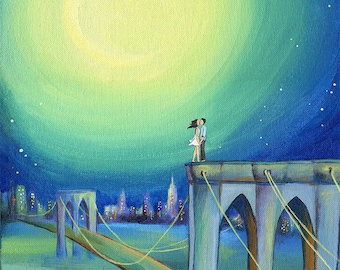 Amantes en el puente, impresión de arte, arte romántico, ideas únicas de regalo de boda, regalo de compromiso, puente de Brooklyn, beso de pareja, regalo de aniversario