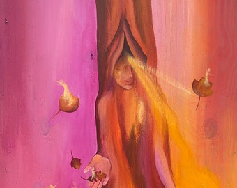 Pink Wall Art For Feminine Healing Yoni Art Tree Goddess Painting Fall Themed Wall Decor Mystical Woman Art For Altar