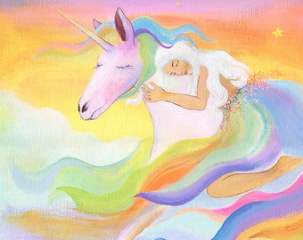 Mythical Creatures, Art Print, Unicorns, Magical Art, Acrylic Painting, Pastel Colors, Happy art, Little Girl, Kids Wall Art