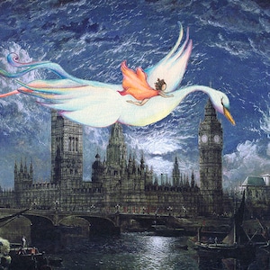 Old London Kunstdruck, Magische Fantasy Kunst, Schwanen Kunst, Weibliche Ermächtigung Druck, Starke Frauen Kunst, Druck betitelt: Durch die Nacht, Mondlicht