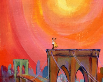 Lovers on the Bridge Art Print, Engagement Gift, Wedding Gift, Love is in the air, Kissing Couple, Warm Colors, Illustration Art, Sunset