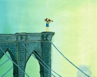 El violinista en el puente, impresión de arte, puente de Brooklyn, poder femenino, violín, regalo para músico, mindfulness, NYC, arte caprichoso