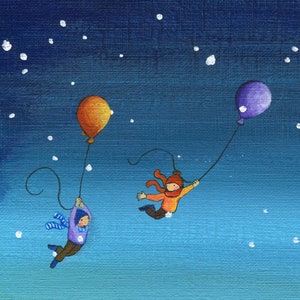May include: Two children, one wearing a red and orange scarf and the other a blue scarf, are flying in the air holding onto orange and purple balloons against a blue starry night sky.