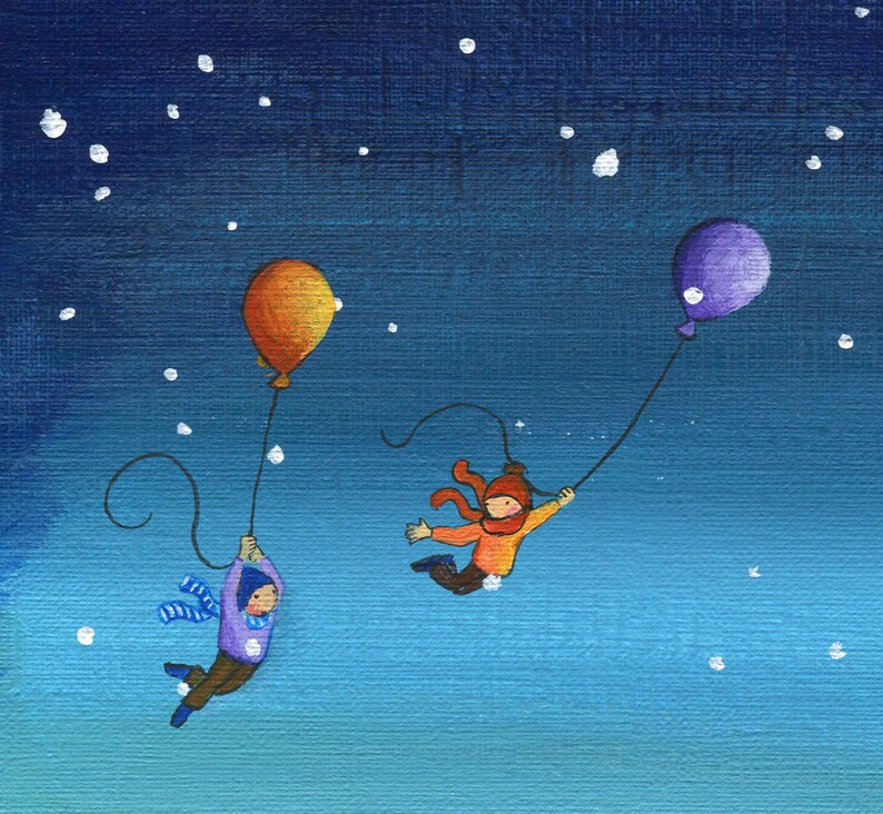 May include: Two children, one wearing a red and orange scarf and the other a blue scarf, are flying in the air holding onto orange and purple balloons against a blue starry night sky.