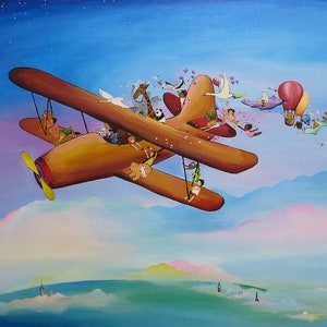 Art Print of Bi-Plane, Kids Room Art, Nursery Art, Plane Themed Kids Art, Hot Air Balloon, Fun Art, New Baby Gift, Baby Boy, Illustration