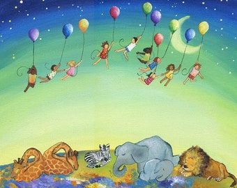 Art Print of Dreams, Giraffe Art, Elephant Art, Lion, Zebra, Balloons, Diversity, Happy Art, New Baby Gift, Kids Room Wall Art
