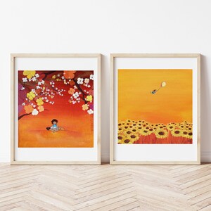 Art print of little girl flying over a field of Sunflowers, girls room art, nursery art, birthday gift girl, sunflower art, gift for new mom image 4