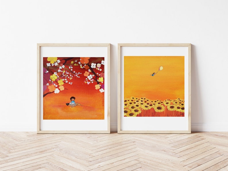 Art print of little girl flying over a field of Sunflowers, girls room art, nursery art, birthday gift girl, sunflower art, gift for new mom image 4