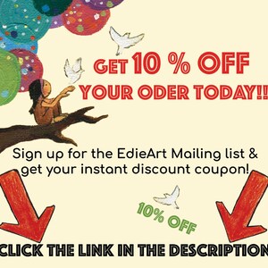 Puede incluir: Una ilustraci&oacute;n colorida de una ni&ntilde;a sentada en una rama con p&aacute;jaros volando a su alrededor. El texto dice "GET 10% OFF YOUR ORDER TODAY!! Sign up for the EdieArt Mailing list & get your instant discount coupon! 10% OFF CLICK THE LINK IN THE DESCRIPTION"
