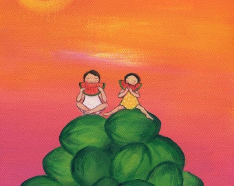 Art print of little girls eating Watermelons in Summer, kitchen art print, baby shower gift, girls room art