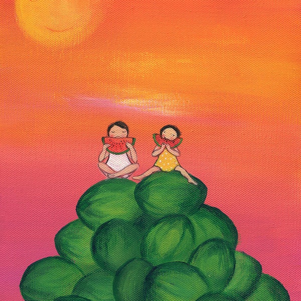 Art print of little girls eating Watermelons in Summer, kitchen art print, baby shower gift, girls room art