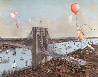 Hello Brooklyn Art Print, Balloons, Kids Flying, Vintage Map, NYC, Edie Art, Mixed Media, Happy Art,