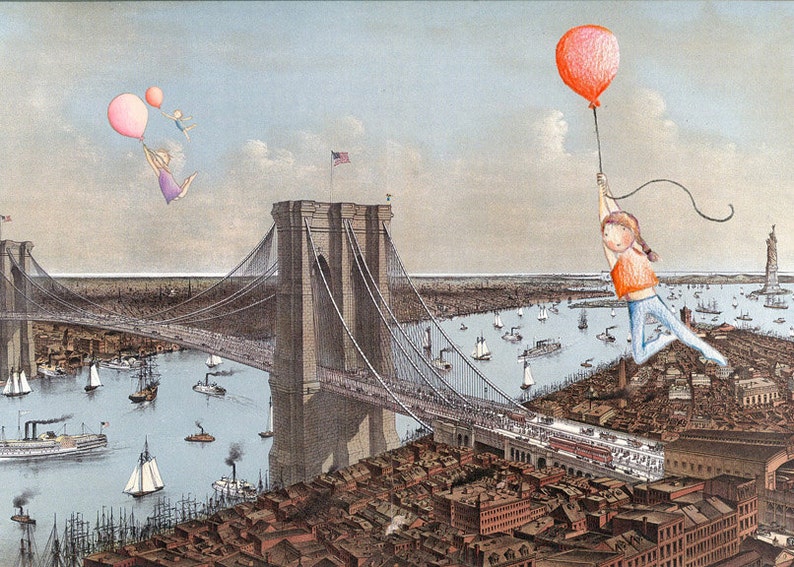 Hello Brooklyn Art Print, Balloons, Kids Flying, Vintage Map, NYC, Edie Art, Mixed Media, Happy Art, 