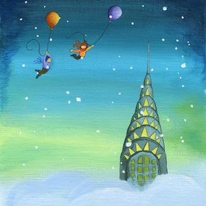 May include: A painting of a snowy cityscape with two children holding onto balloons, flying over a tall building. The building is a stylized version of the Chrysler Building in New York City. The sky is blue with white snowflakes.