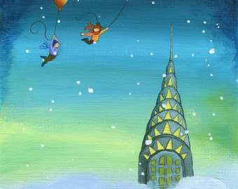 Chrysler Building Art Print, Globos, Impresión de arte caprichoso, Arte de pared de la habitación de los niños, Nieve, Decoración caprichosa de los niños, Impresión titulada: El chrysler nevado