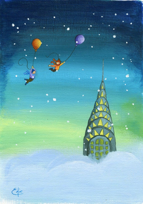 Chrysler Building Art Print, Balloons, Whimsical Art Print, Kids Room Wall Art, Snow, Whimsical Kids Decor, Print Titled: The Snowy Chrysler
