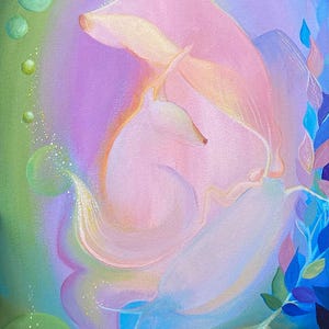 May include: A painting featuring two stylized pink foxes intertwined against a gradient background of green, purple, and blue. The composition includes floating circular orbs, delicate light particles, and blue foliage at the bottom right corner.