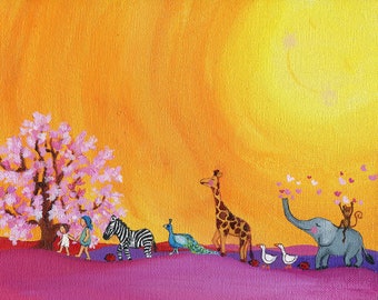 Animals and Kids Art Print For New Baby Mom - Nursery Girls Room Orange Pink Yellow Wall Decor - Elephant Zebra Giraffe Painting