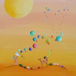 Sunny art print of animals and kids in a parade, loving life!