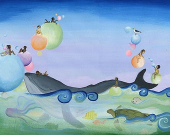 Ocean Kids Art Print, Whale, Bubbles, Sea, Kids Room Wall Art, Bathroom Art, Ocean theme, Sea Turtle, Seal, Happy Art