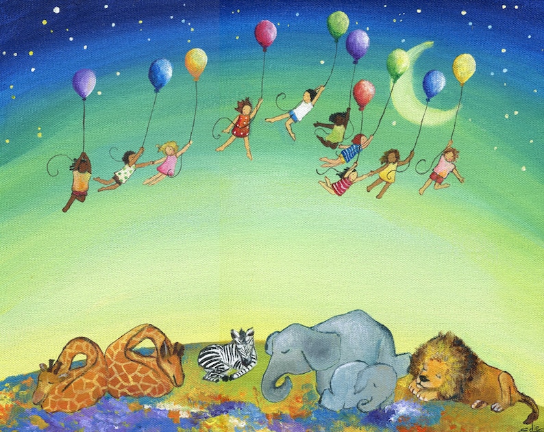 Art Print of Dreams, Giraffe Art, Elephant Art, Lion, Zebra, Balloons, Diversity, Happy Art, New Baby Gift, Kids Room Wall Art 