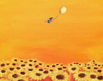 Art print of little girl flying over a field of Sunflowers, girls room art, nursery art, birthday gift girl, sunflower art, gift for new mom