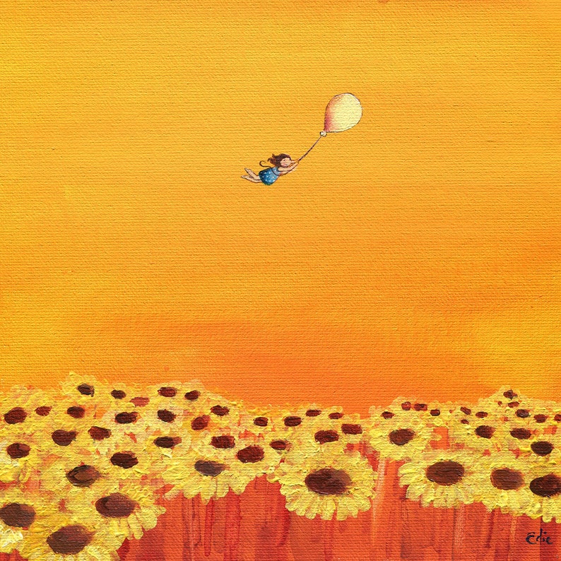 Art print of little girl flying over a field of Sunflowers, girls room art, nursery art, birthday gift girl, sunflower art, gift for new mom image 1