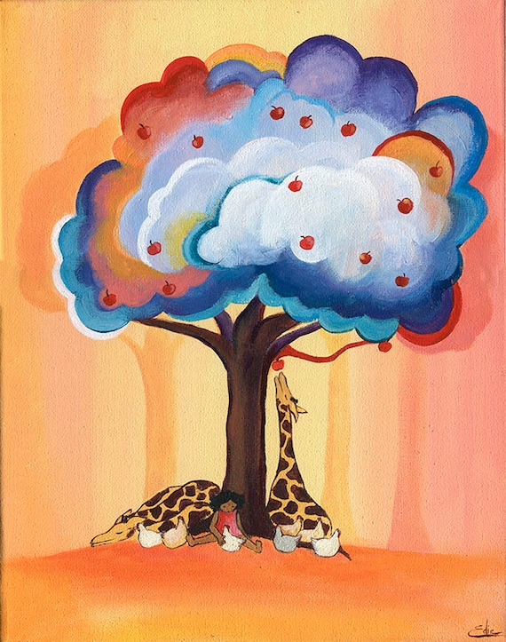 Little Girl Art Print Kids Room Wall Decor Gift for Waldorf Parent Storybook Style Giraffes Diversity Positivity Painting Yellow Orange