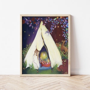 Art Poster of Magic in the Forest Woodlands Themed Nursery Art Daycare Kids Room Wall Decor Camping Waldorf Style Painting image 1