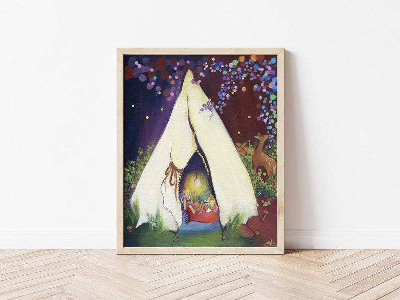 Art Poster of Magic in the Forest Woodlands Themed Nursery Art Daycare Kids Room Wall Decor Camping Waldorf Style Painting image 1