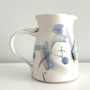 Vintage Studio Pottery Pitcher, Abstract Painted Ceramic, 1980s Handmade Vase