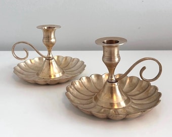 Vintage Brass Chamber Candlestick Holders, Scalloped Edge Pair