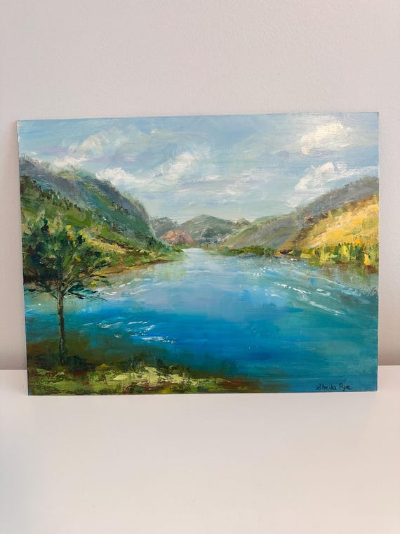 14x18 Original Painting Lake Scene With Mountains Oil or Acrylic