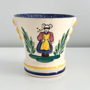Vintage MBFA Pornic Faience Flower Pot,  Hand-Painted French Ceramic with Breton Girl, Pink Yellow Blue Green | FREE SHIPPING