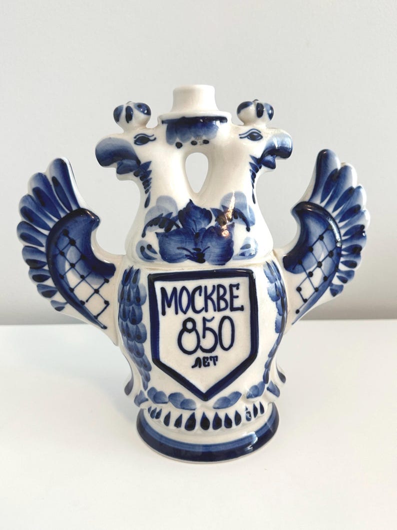 Vintage GZHEL Vodka Decanter, Russian Double Eagle, Blue and White ...