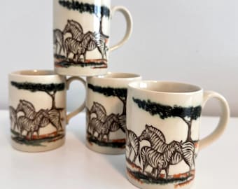 Set of 4 Vintage Otagiri Ceramic Mugs, Zebra Safari Design, Made in Japan