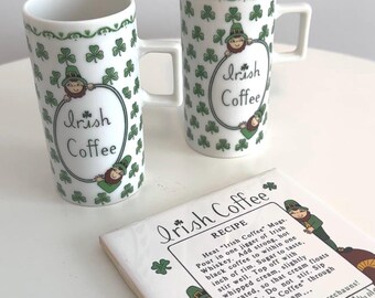 Vintage Irish Coffee Mugs Set with Shamrock Trivet (Set of 2)