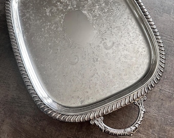 Vintage Leonard Silver Plated Serving Tray with Handles, Etched Gadroon Design