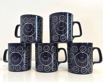 Vintage Kilncraft Happy Face Mugs Set of 5, 1980s English Staffordshire Stoneware