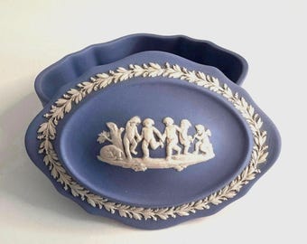 Vintage Wedgwood Blue Jasperware Box, Putti Cherubs, Made in England, Trinket Ring Holder