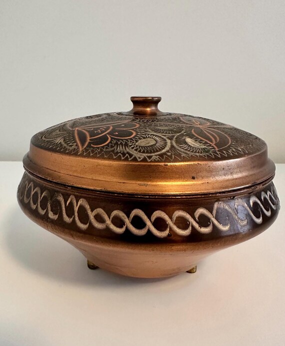 TURKISH Hand Etched COPPER Trinket Dish With Lid Three Metal