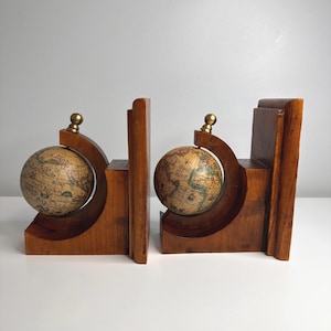 serre-livres vintage GLOBE en bois avec touches de laiton | Décor de carte du vieux monde | Porte-livres de bibliothèque rustique | décoration d'étagère | LIVRAISON GRATUITE