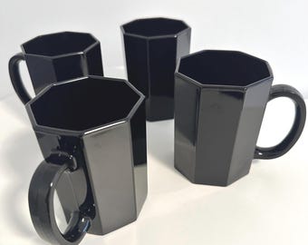 Vintage Arcoroc Octagon Black Glass Mugs, Luminarc France Coffee Tea Cups