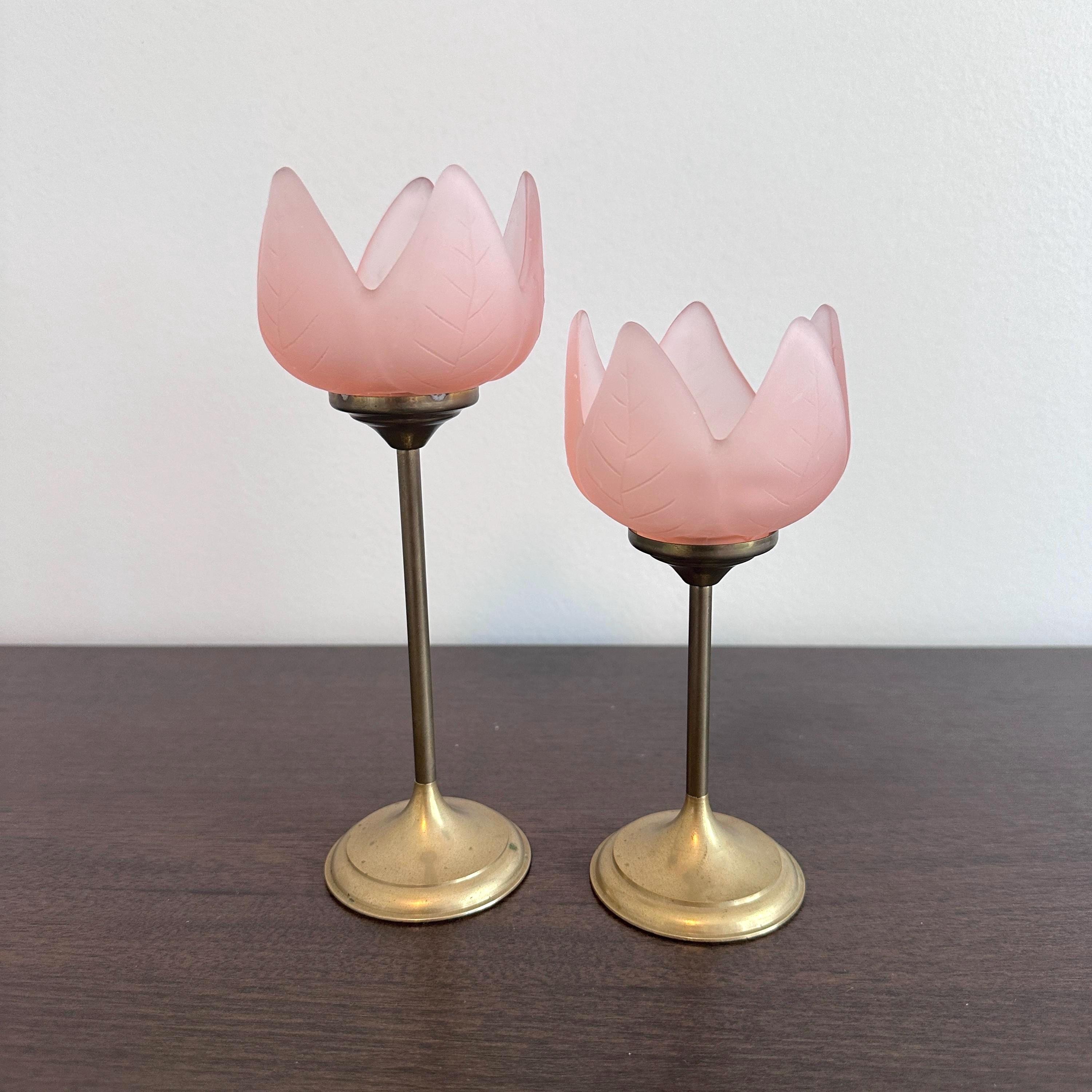 Vintage Pink Frosted Glass Tulip Candleholders, Brass Base, Set of